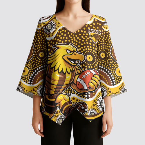 Hawthorn Hawks Kimono Sleeve Blouse Aboriginal Dot Pattern - Football Mascot Heritage Pride