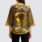 Hawthorn Hawks Kimono Sleeve Blouse Aboriginal Dot Pattern - Football Mascot Heritage Pride