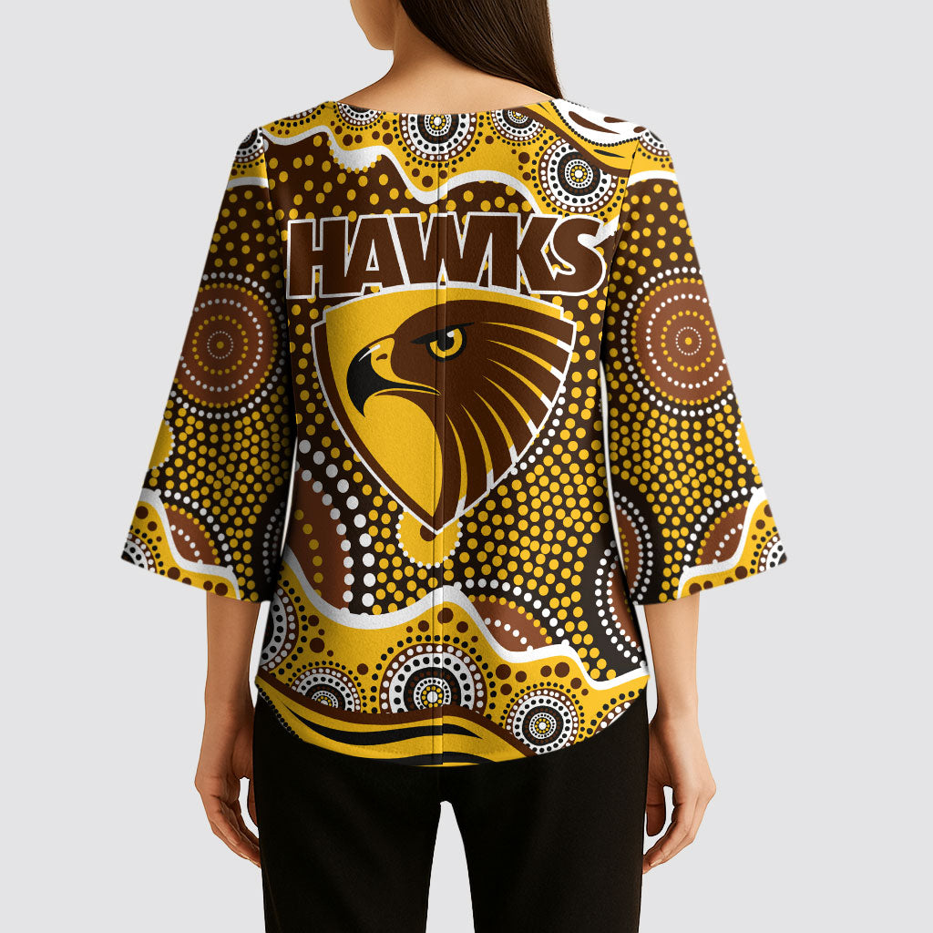 Hawthorn Hawks Kimono Sleeve Blouse Aboriginal Dot Pattern - Football Mascot Heritage Pride