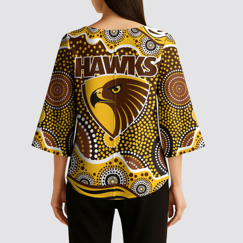Hawthorn Hawks Kimono Sleeve Blouse Aboriginal Dot Pattern - Football Mascot Heritage Pride