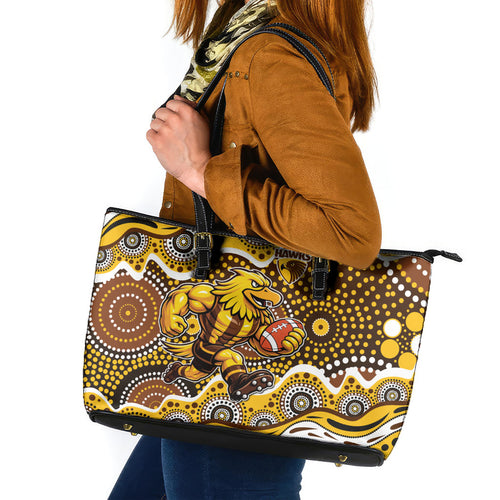 Hawthorn Hawks Leather Tote Bag Aboriginal Dot Pattern - Football Mascot Heritage Pride
