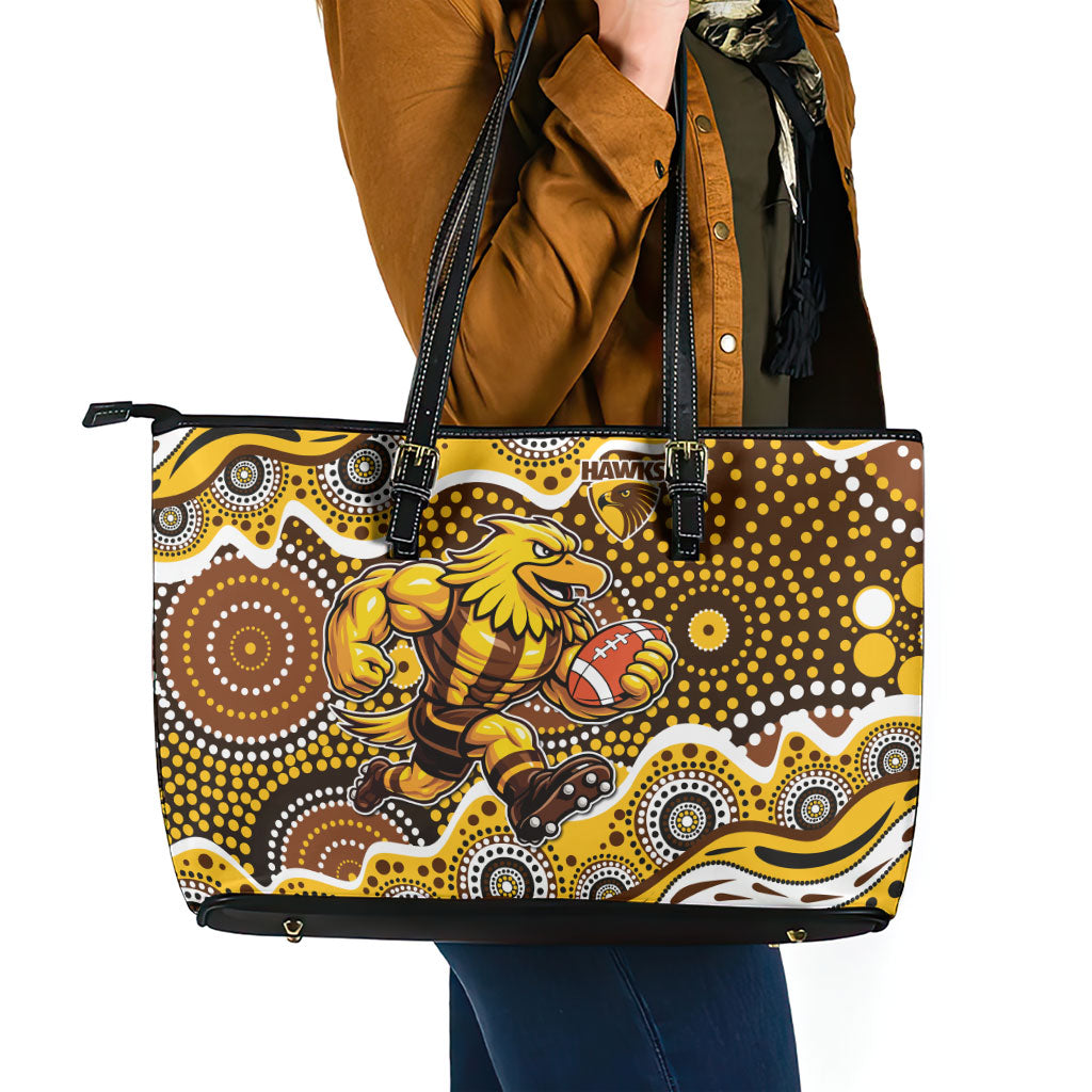 Hawthorn Hawks Leather Tote Bag Aboriginal Dot Pattern - Football Mascot Heritage Pride
