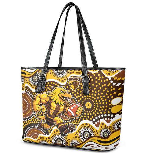 Hawthorn Hawks Leather Tote Bag Aboriginal Dot Pattern - Football Mascot Heritage Pride