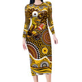 Hawthorn Hawks Long Sleeve Bodycon Dress Aboriginal Dot Pattern - Football Mascot Heritage Pride