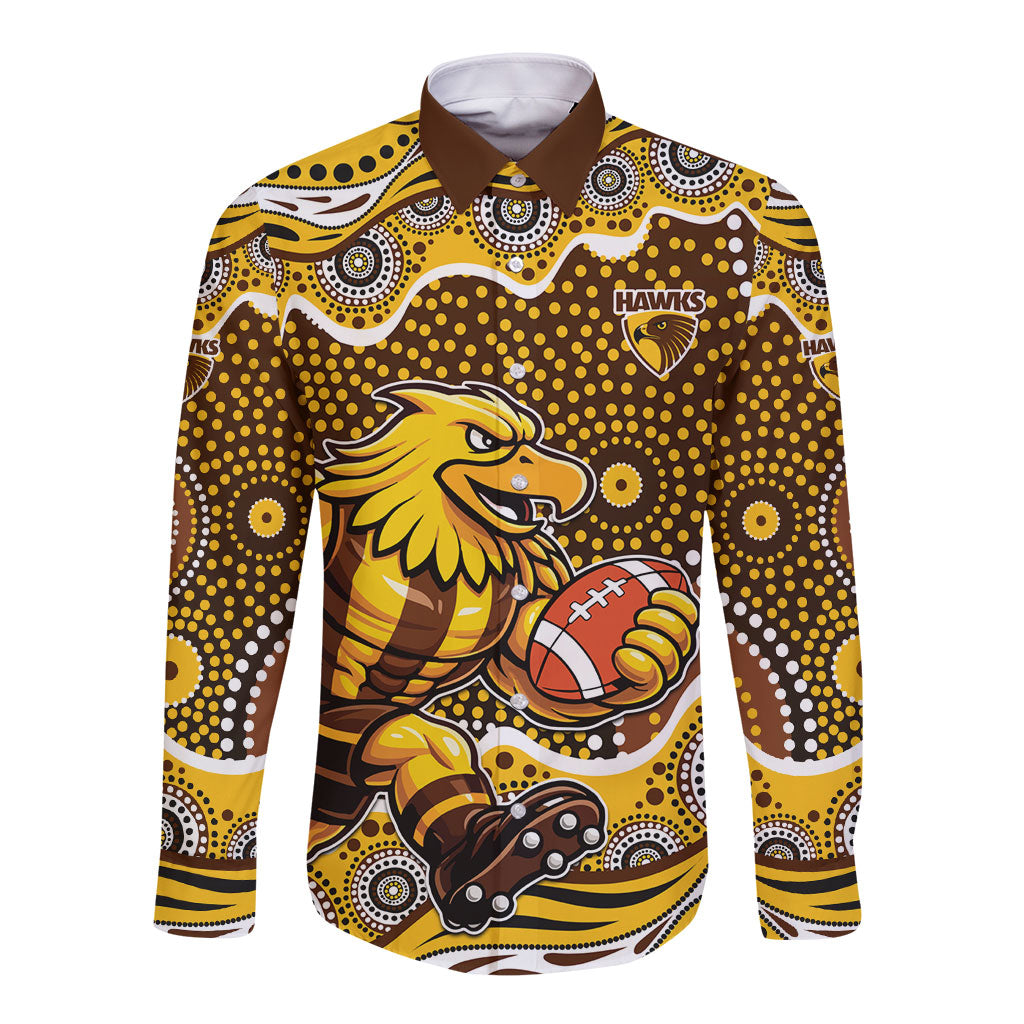 Hawthorn Hawks Long Sleeve Button Shirt Aboriginal Dot Pattern - Football Mascot Heritage Pride