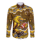 Hawthorn Hawks Long Sleeve Button Shirt Aboriginal Dot Pattern - Football Mascot Heritage Pride