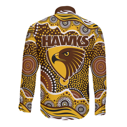 Hawthorn Hawks Long Sleeve Button Shirt Aboriginal Dot Pattern - Football Mascot Heritage Pride