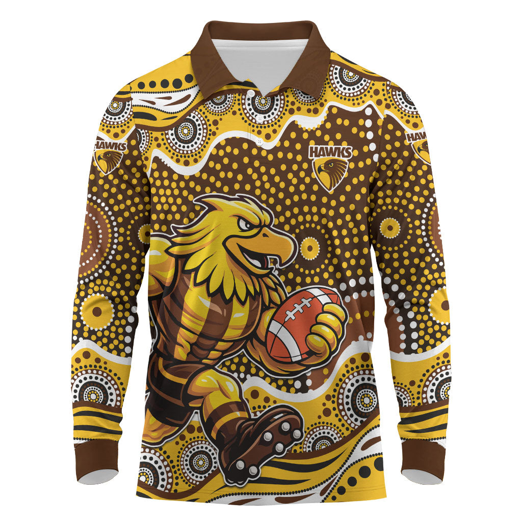 Hawthorn Hawks Long Sleeve Polo Shirt Aboriginal Dot Pattern - Football Mascot Heritage Pride