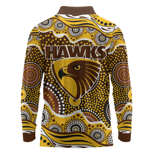 Hawthorn Hawks Long Sleeve Polo Shirt Aboriginal Dot Pattern - Football Mascot Heritage Pride