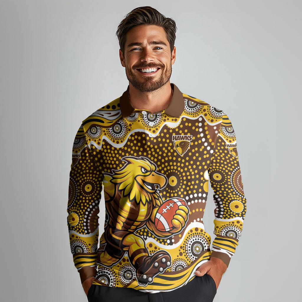 Hawthorn Hawks Long Sleeve Polo Shirt Aboriginal Dot Pattern - Football Mascot Heritage Pride