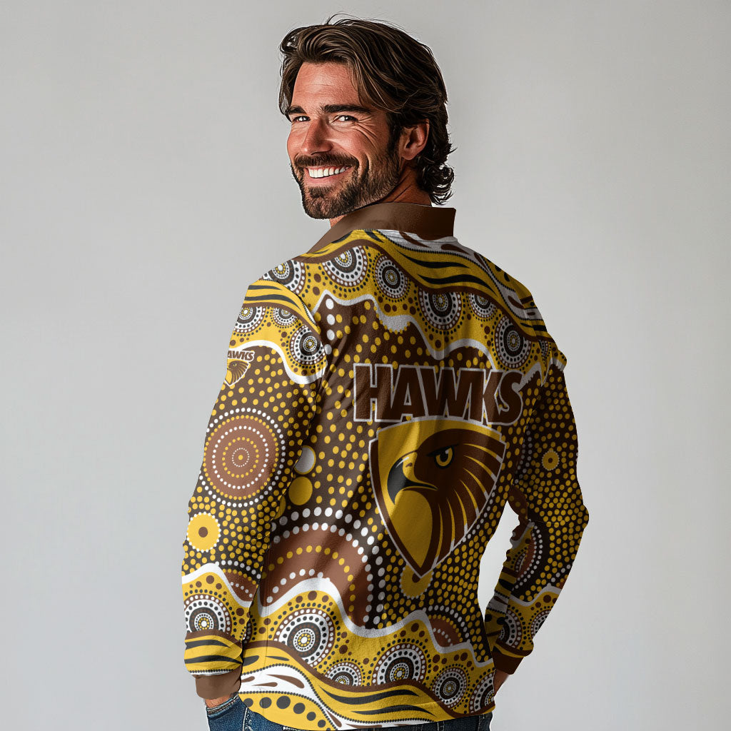 Hawthorn Hawks Long Sleeve Polo Shirt Aboriginal Dot Pattern - Football Mascot Heritage Pride