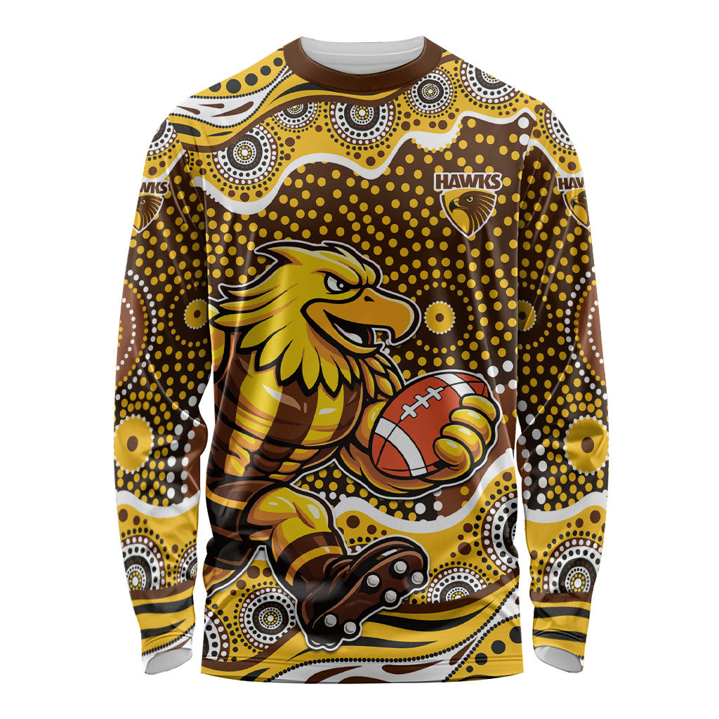 Hawthorn Hawks Long Sleeve Shirt Aboriginal Dot Pattern - Football Mascot Heritage Pride