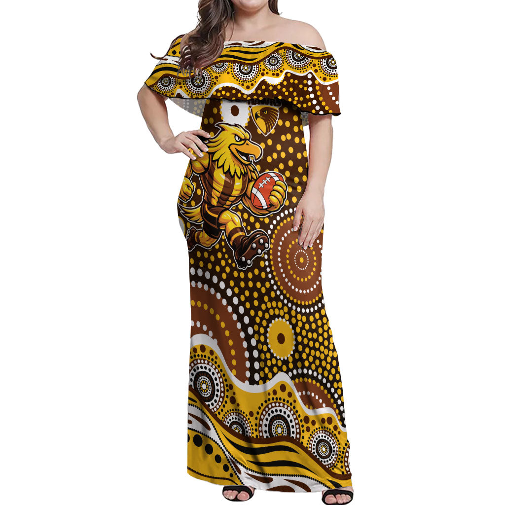 Hawthorn Hawks Off Shoulder Maxi Dress Aboriginal Dot Pattern - Football Mascot Heritage Pride