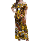 Hawthorn Hawks Off Shoulder Maxi Dress Aboriginal Dot Pattern - Football Mascot Heritage Pride