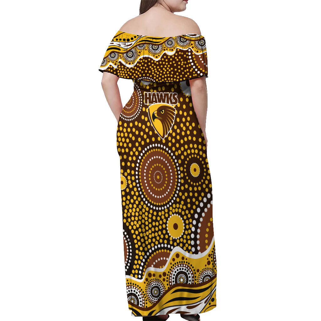 Hawthorn Hawks Off Shoulder Maxi Dress Aboriginal Dot Pattern - Football Mascot Heritage Pride