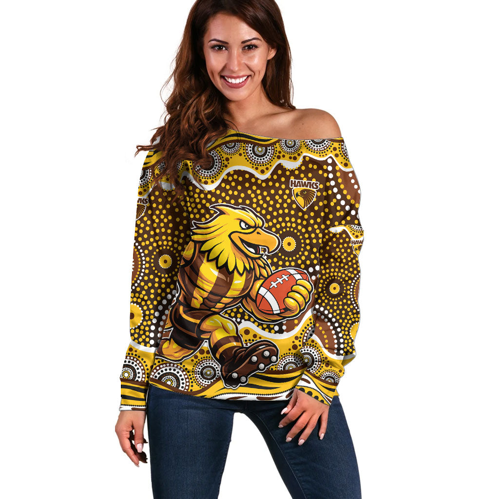 Hawthorn Hawks Off Shoulder Sweater Aboriginal Dot Pattern - Football Mascot Heritage Pride
