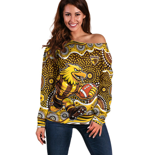 Hawthorn Hawks Off Shoulder Sweater Aboriginal Dot Pattern - Football Mascot Heritage Pride