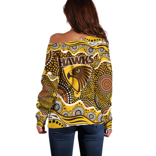 Hawthorn Hawks Off Shoulder Sweater Aboriginal Dot Pattern - Football Mascot Heritage Pride