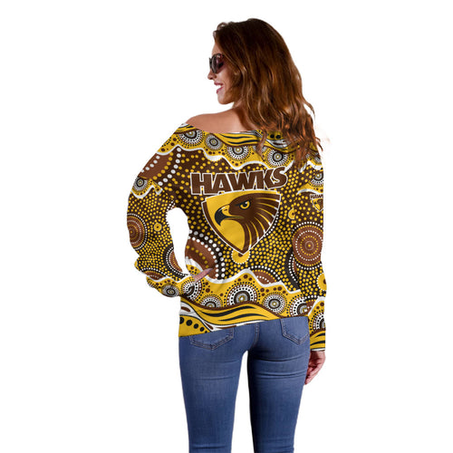 Hawthorn Hawks Off Shoulder Sweater Aboriginal Dot Pattern - Football Mascot Heritage Pride