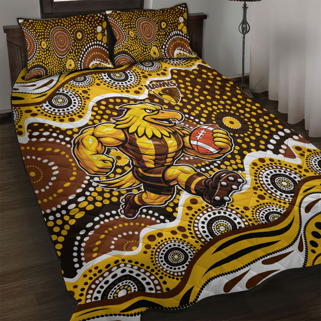 Hawthorn Hawks Quilt Bed Set Aboriginal Dot Pattern - Football Mascot Heritage Pride