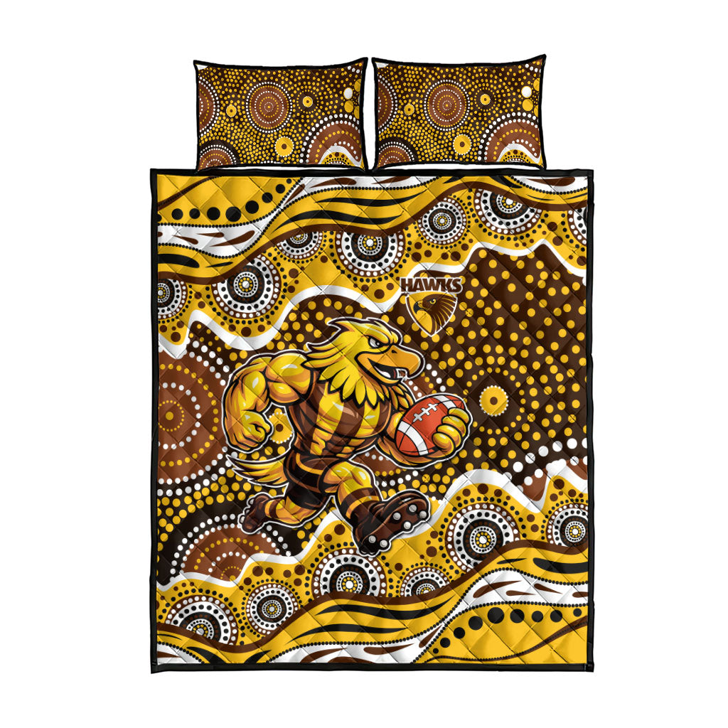 Hawthorn Hawks Quilt Bed Set Aboriginal Dot Pattern - Football Mascot Heritage Pride
