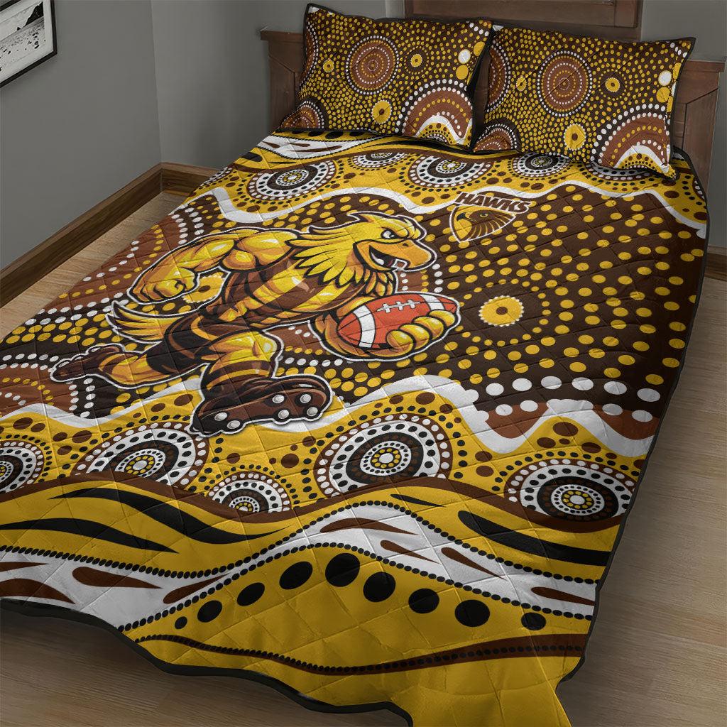 Hawthorn Hawks Quilt Bed Set Aboriginal Dot Pattern - Football Mascot Heritage Pride