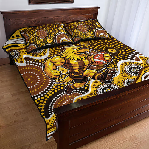 Hawthorn Hawks Quilt Bed Set Aboriginal Dot Pattern - Football Mascot Heritage Pride
