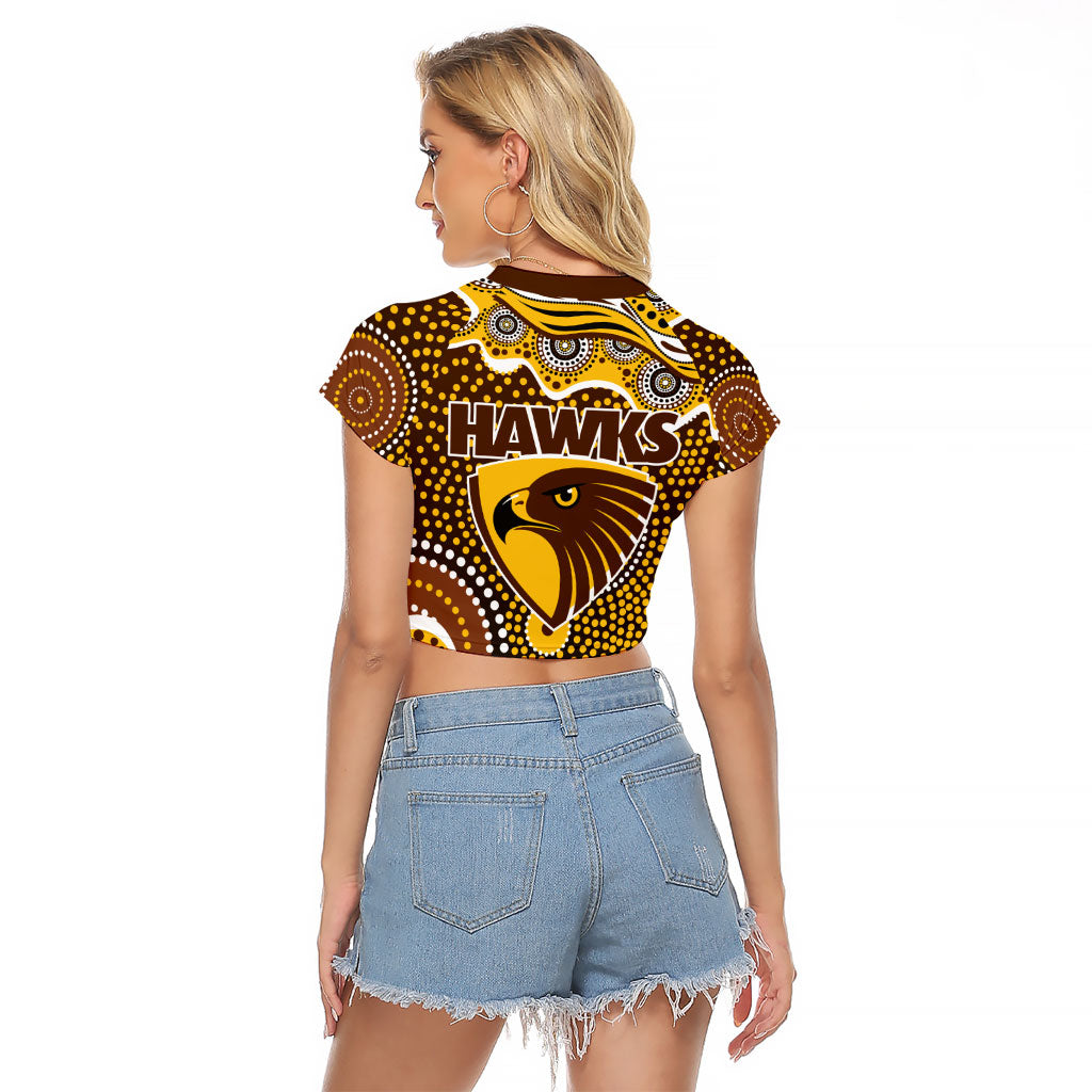 Hawthorn Hawks Raglan Cropped T Shirt Aboriginal Dot Pattern - Football Mascot Heritage Pride