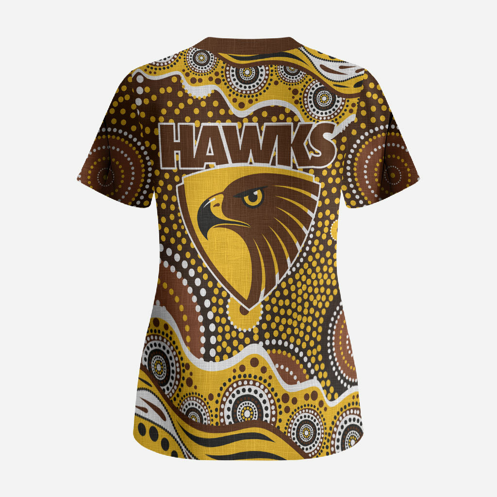 Hawthorn Hawks Scrub Top Aboriginal Dot Pattern - Football Mascot Heritage Pride