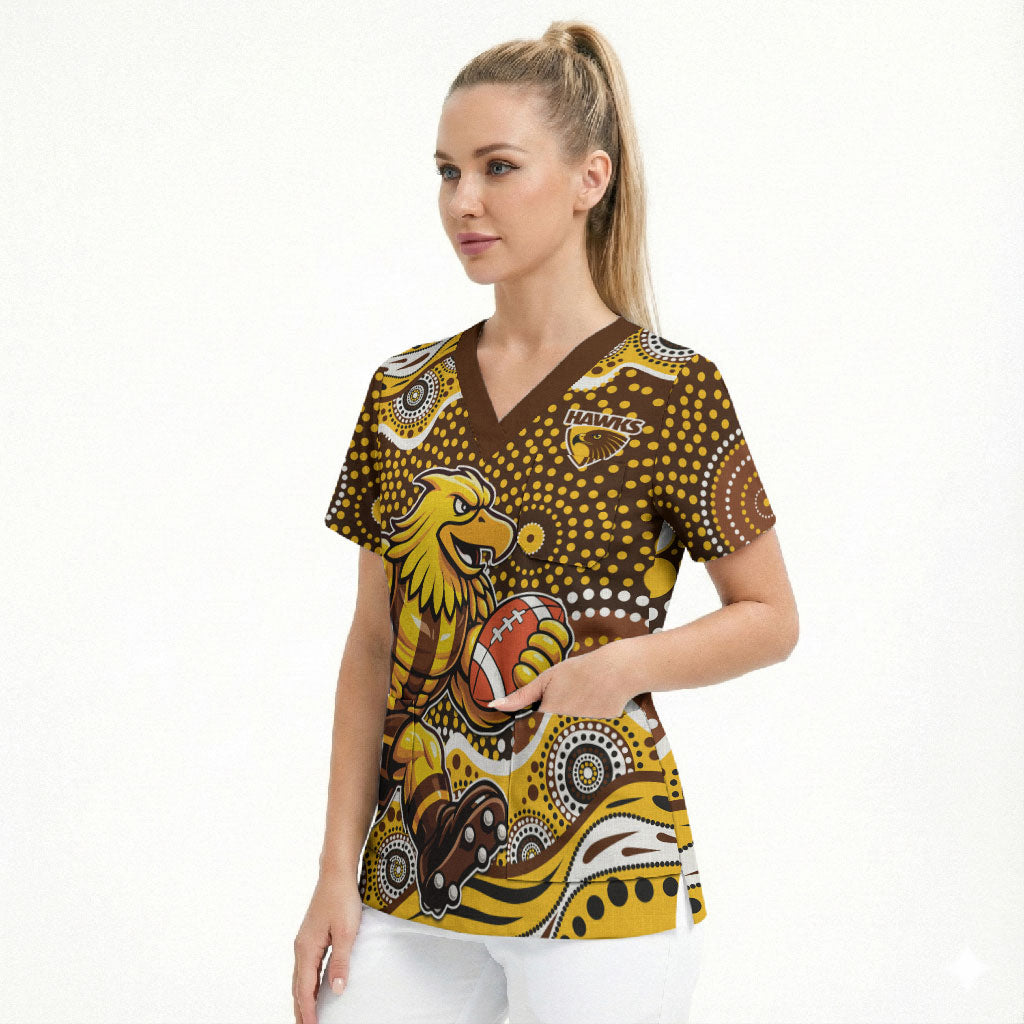 Hawthorn Hawks Scrub Top Aboriginal Dot Pattern - Football Mascot Heritage Pride