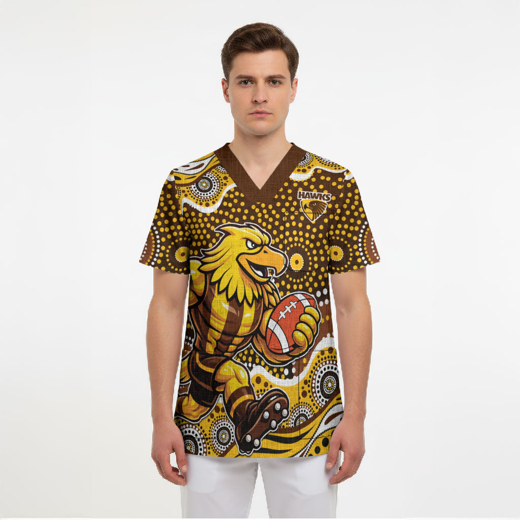 Hawthorn Hawks Scrub Top Aboriginal Dot Pattern - Football Mascot Heritage Pride