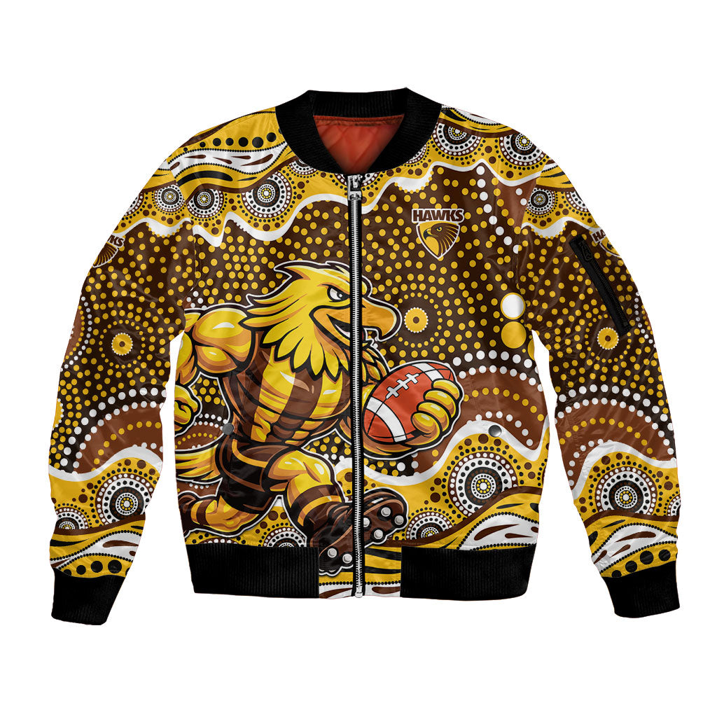 Hawthorn Hawks Sleeve Zip Bomber Jacket Aboriginal Dot Pattern - Football Mascot Heritage Pride