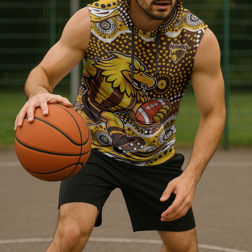 Hawthorn Hawks Sleeveless Hoodie Aboriginal Dot Pattern - Football Mascot Heritage Pride