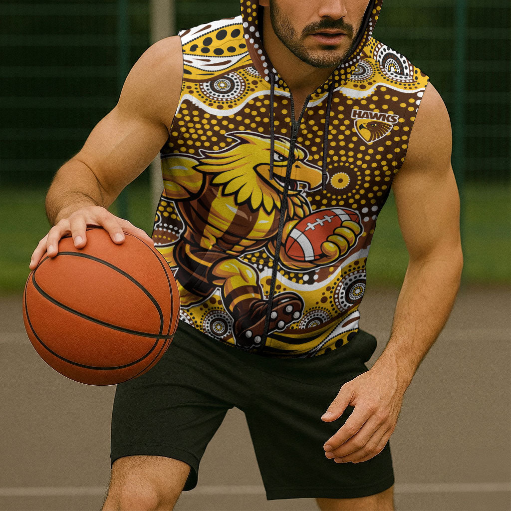 Hawthorn Hawks Sleeveless Zip Hoodie Aboriginal Dot Pattern - Football Mascot Heritage Pride
