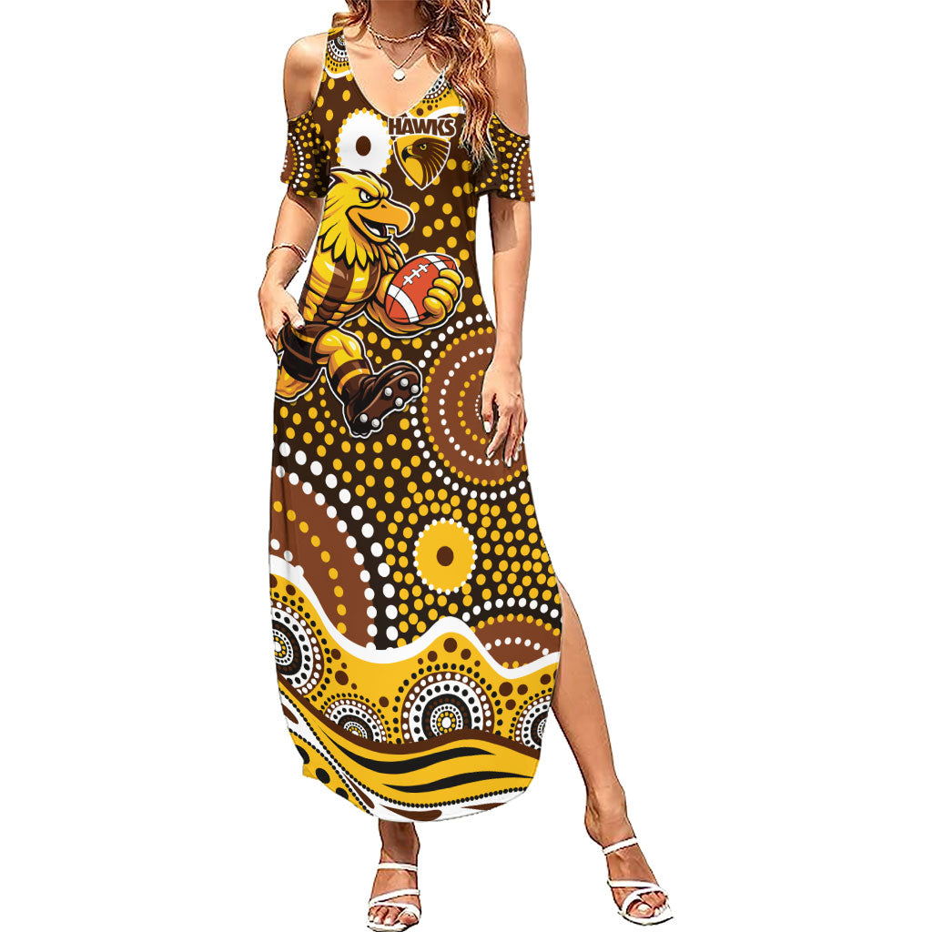 Hawthorn Hawks Summer Maxi Dress Aboriginal Dot Pattern - Football Mascot Heritage Pride