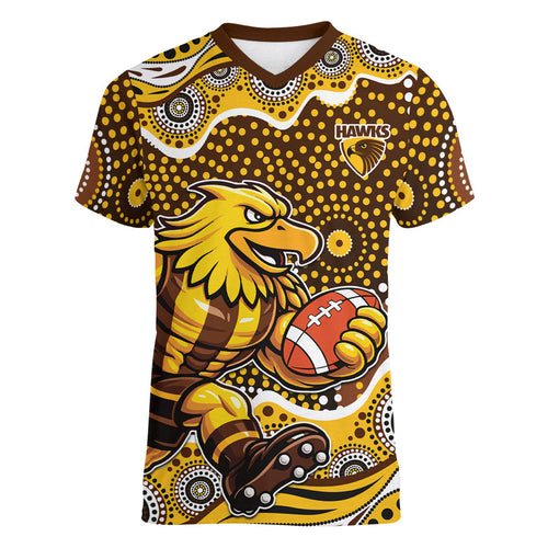 Hawthorn Hawks Women V-Neck T-Shirt Aboriginal Dot Pattern - Football Mascot Heritage Pride