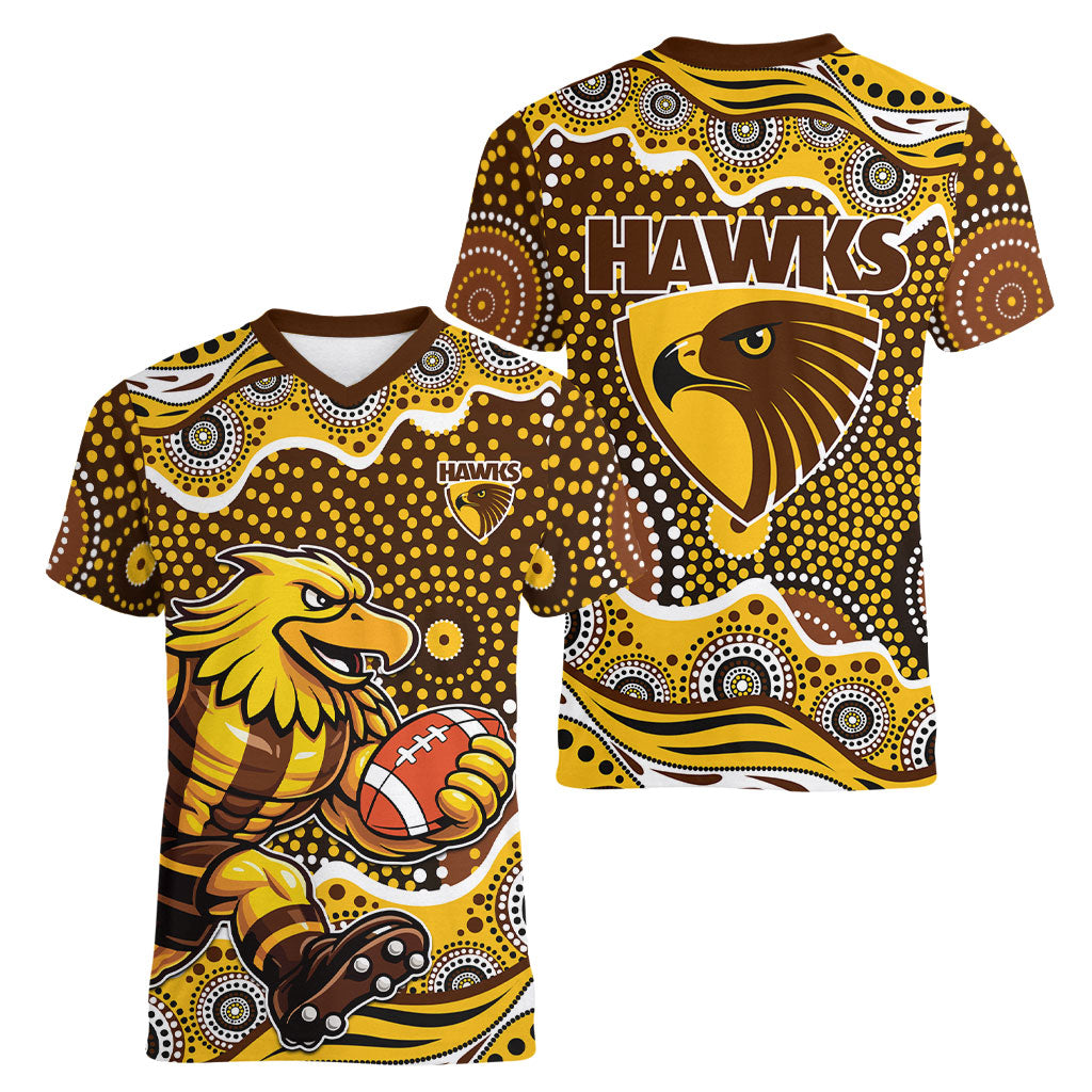Hawthorn Hawks Women V-Neck T-Shirt Aboriginal Dot Pattern - Football Mascot Heritage Pride