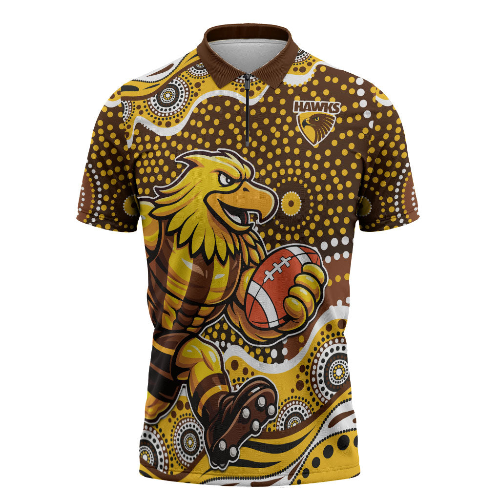 Hawthorn Hawks Zipper Polo Shirt Aboriginal Dot Pattern - Football Mascot Heritage Pride