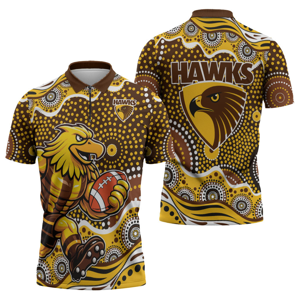 Hawthorn Hawks Zipper Polo Shirt Aboriginal Dot Pattern - Football Mascot Heritage Pride