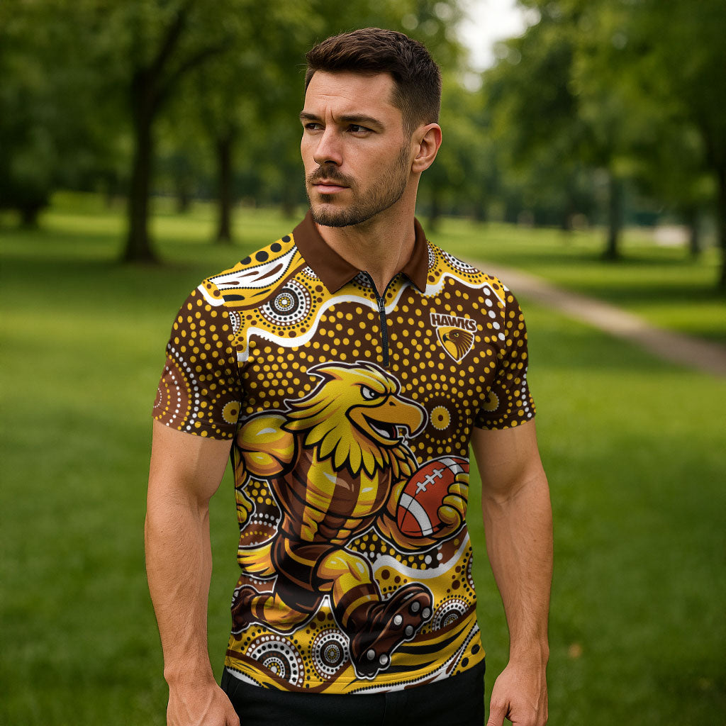 Hawthorn Hawks Zipper Polo Shirt Aboriginal Dot Pattern - Football Mascot Heritage Pride