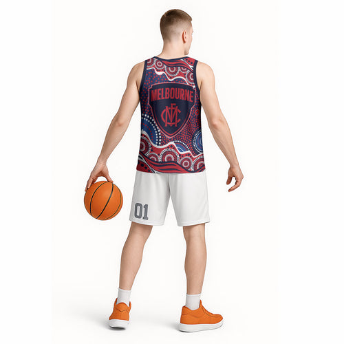 Melbourne Demons Basketball Jersey Aboriginal Dot Pattern - Football Mascot Heritage Pride