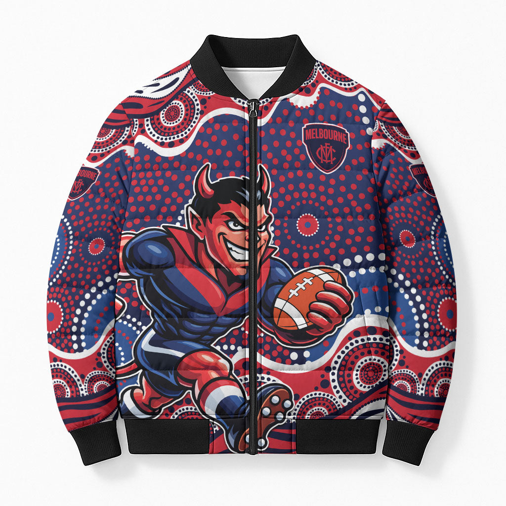 Melbourne Demons Bomber Puffer Jacket Aboriginal Dot Pattern - Football Mascot Heritage Pride