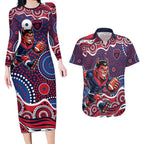 Melbourne Demons Couples Matching Long Sleeve Bodycon Dress and Hawaiian Shirt Aboriginal Dot Pattern - Football Mascot Heritage Pride