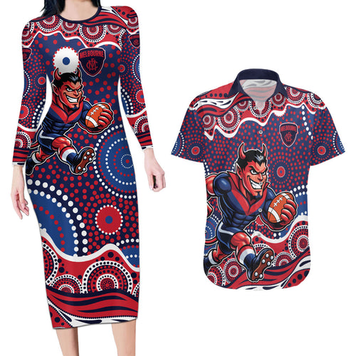 Melbourne Demons Couples Matching Long Sleeve Bodycon Dress and Hawaiian Shirt Aboriginal Dot Pattern - Football Mascot Heritage Pride