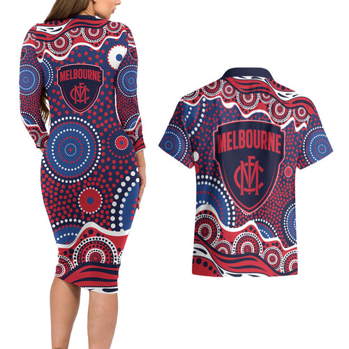 Melbourne Demons Couples Matching Long Sleeve Bodycon Dress and Hawaiian Shirt Aboriginal Dot Pattern - Football Mascot Heritage Pride