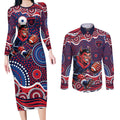 Melbourne Demons Couples Matching Long Sleeve Bodycon Dress and Long Sleeve Button Shirt Aboriginal Dot Pattern - Football Mascot Heritage Pride