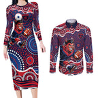 Melbourne Demons Couples Matching Long Sleeve Bodycon Dress and Long Sleeve Button Shirt Aboriginal Dot Pattern - Football Mascot Heritage Pride