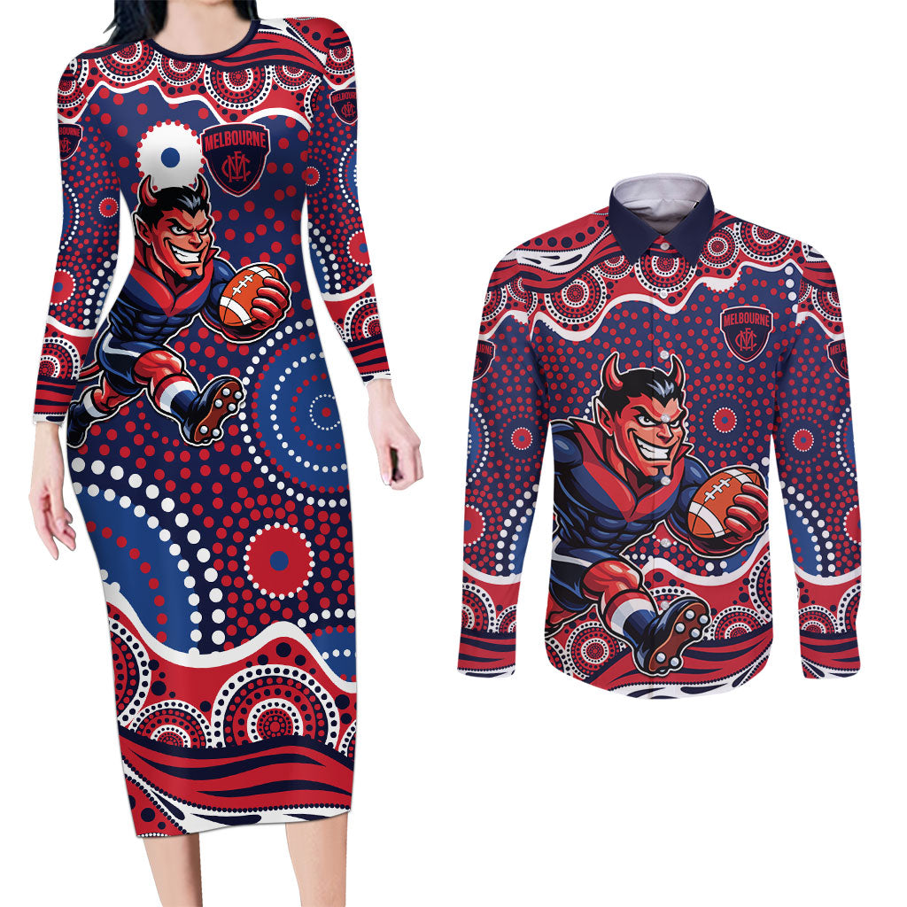 Melbourne Demons Couples Matching Long Sleeve Bodycon Dress and Long Sleeve Button Shirt Aboriginal Dot Pattern - Football Mascot Heritage Pride