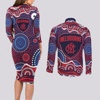 Melbourne Demons Couples Matching Long Sleeve Bodycon Dress and Long Sleeve Button Shirt Aboriginal Dot Pattern - Football Mascot Heritage Pride