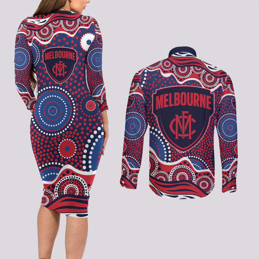 Melbourne Demons Couples Matching Long Sleeve Bodycon Dress and Long Sleeve Button Shirt Aboriginal Dot Pattern - Football Mascot Heritage Pride